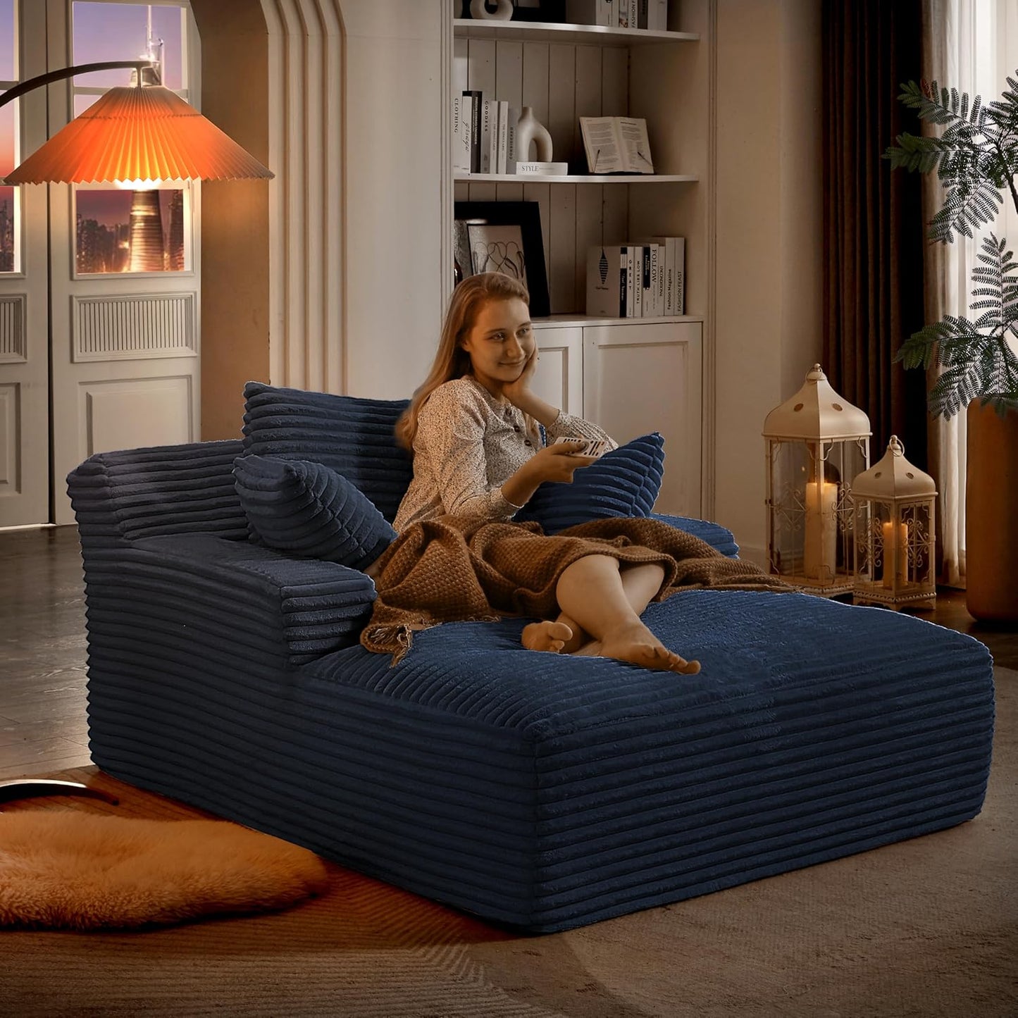 Oversized Chaise Daybed Lounge Sleeper Chair Sofa Full Foam Cloud Chaise Sofabed for Living Room,Luxury Plush Corduroy Upholstered Sleeper Couch Extra Wide Chair Bed W/3 Pillows for Home/Apartment