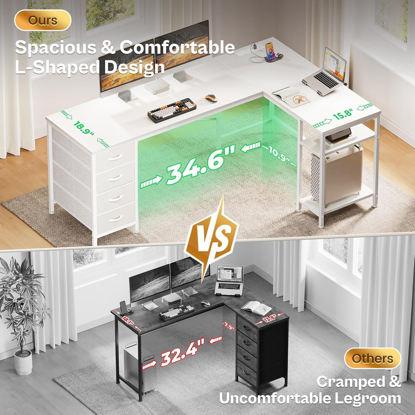 Huuger 63 Inch L Shaped Desk with Fabric Drawers, Reversible Computer Gaming Desk with Power Outlets and USB-C Port, Adjustable Side Storage Shelves, for Work Study Corner Home Office, White