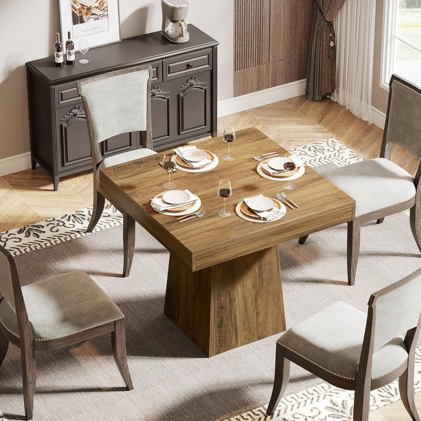 Tribesigns Square Dining Table for 4, 31.5-Inch Small Kitchen Table with Sturdy Pedestal Base, Farmhouse Dinner Table for Dining Room, Living Room, Kitchen (Brown)