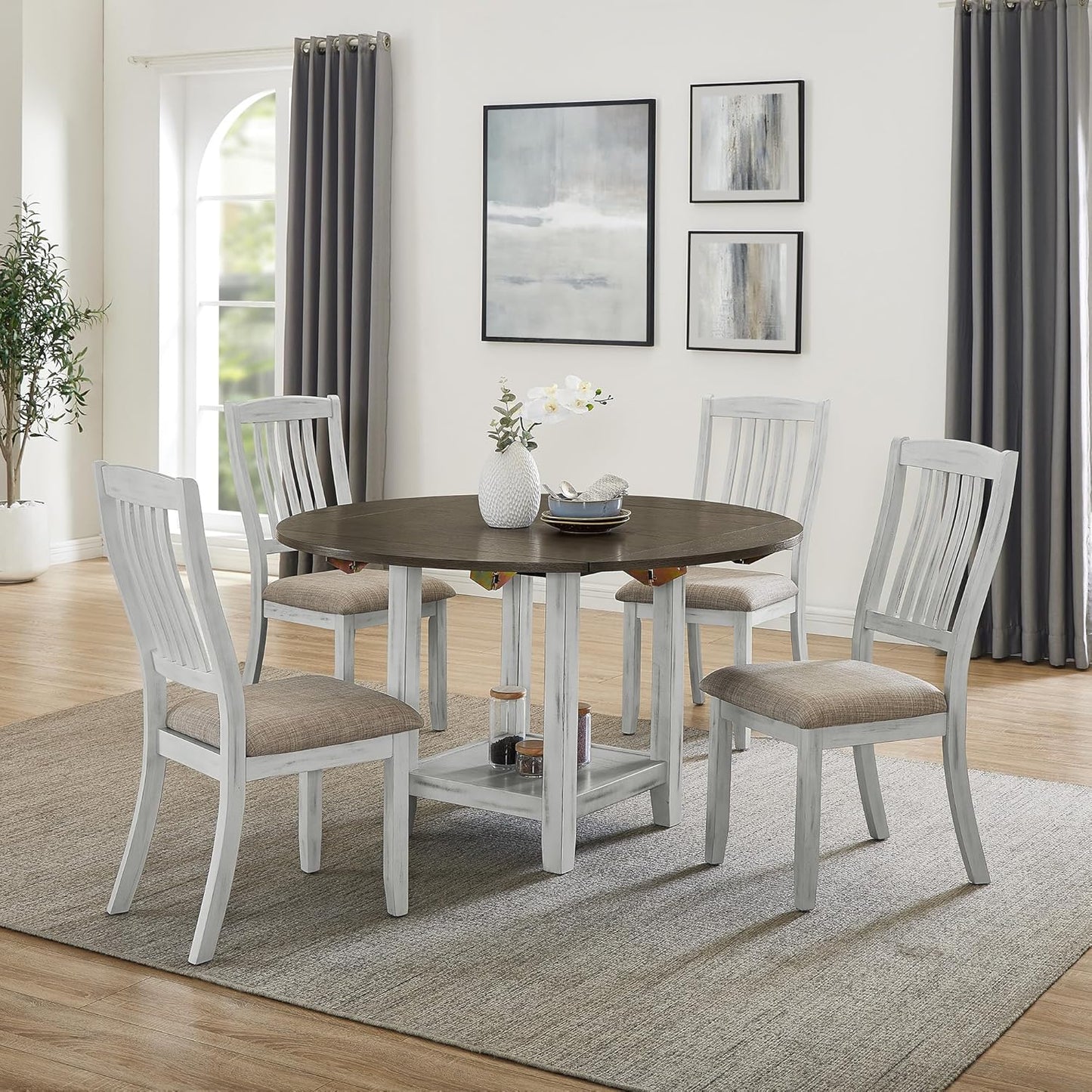Ball & Cast 5 Pieces Dining Table Set with 4 Chairs and 51" Round Folding Dining Table,Kitchen Table and Chairs for 4 W/Trestle Table Base,for Small Space,Apartment,Dining Room,Brown White