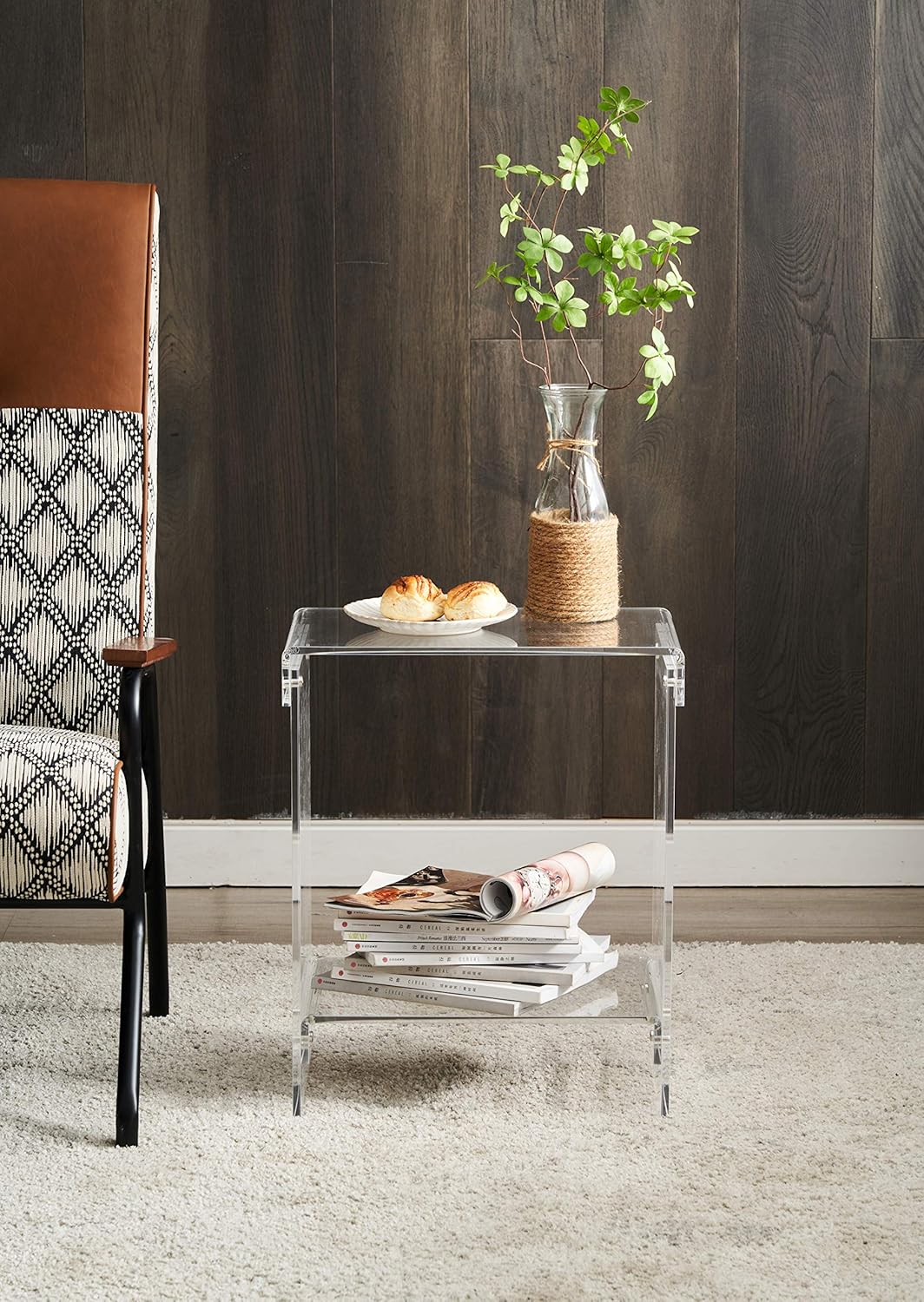 Clear Acrylic End Table，2-Tier，Nightstand for Living Room and Bedroom,Easy Assembly,18x12 inch，22 inch high