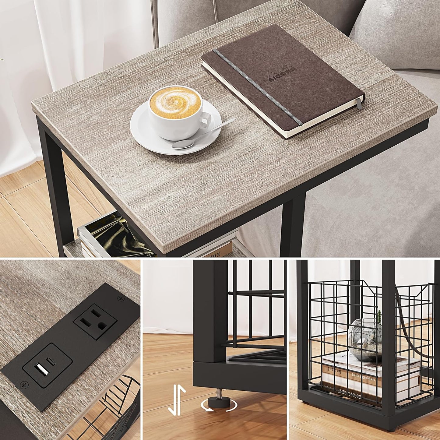 Vagusicc C Shaped End Table with Charging Station, Side Table for Couch, Small Side End Table for Small Spaces, 28" High Slide Under Sofa Table for Coffee, Tv Tray Table for Living Room, Greige