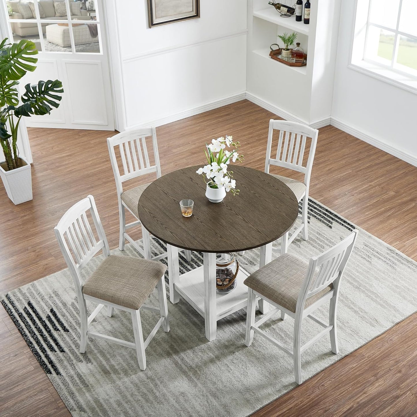 Ball & Cast 5 Pieces Dining Table Set with 4 Chairs and 42" Round Drop Leaf Dining Table,Kitchen Table and Chairs for 4 W/Trestle Table Base,for Small Space,Apartment,Dining Room,Brown White