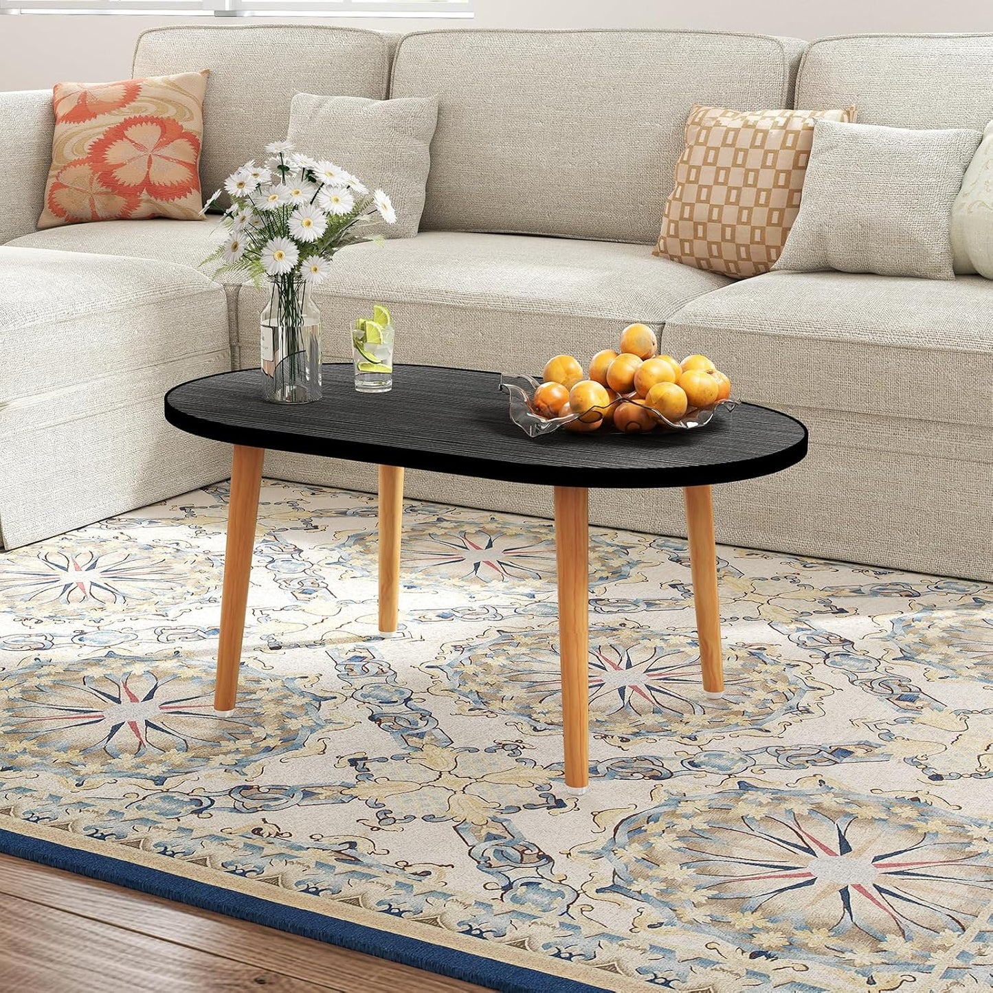 Oval Coffee Table Low Table with 4 Solid Wood Sturdy Legs, Floor Table Desk for Sitting on The Floor, Storage and Living Room Furniture (Black)