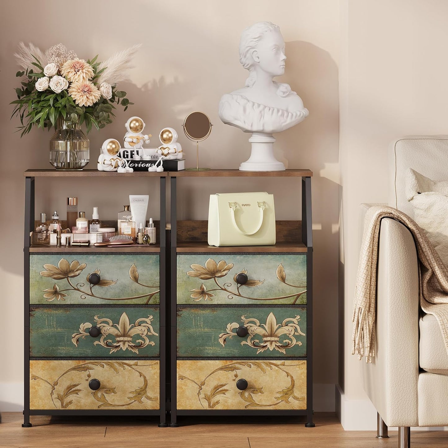 Tohomeor Dresser with Fabric Drawers Nightstand with 2 Tier Shelf Storage Tower for Bedroom Hallway Entryway Closet Organizer Sofa Beside Table Furniture (Multi, 3 Drawers)