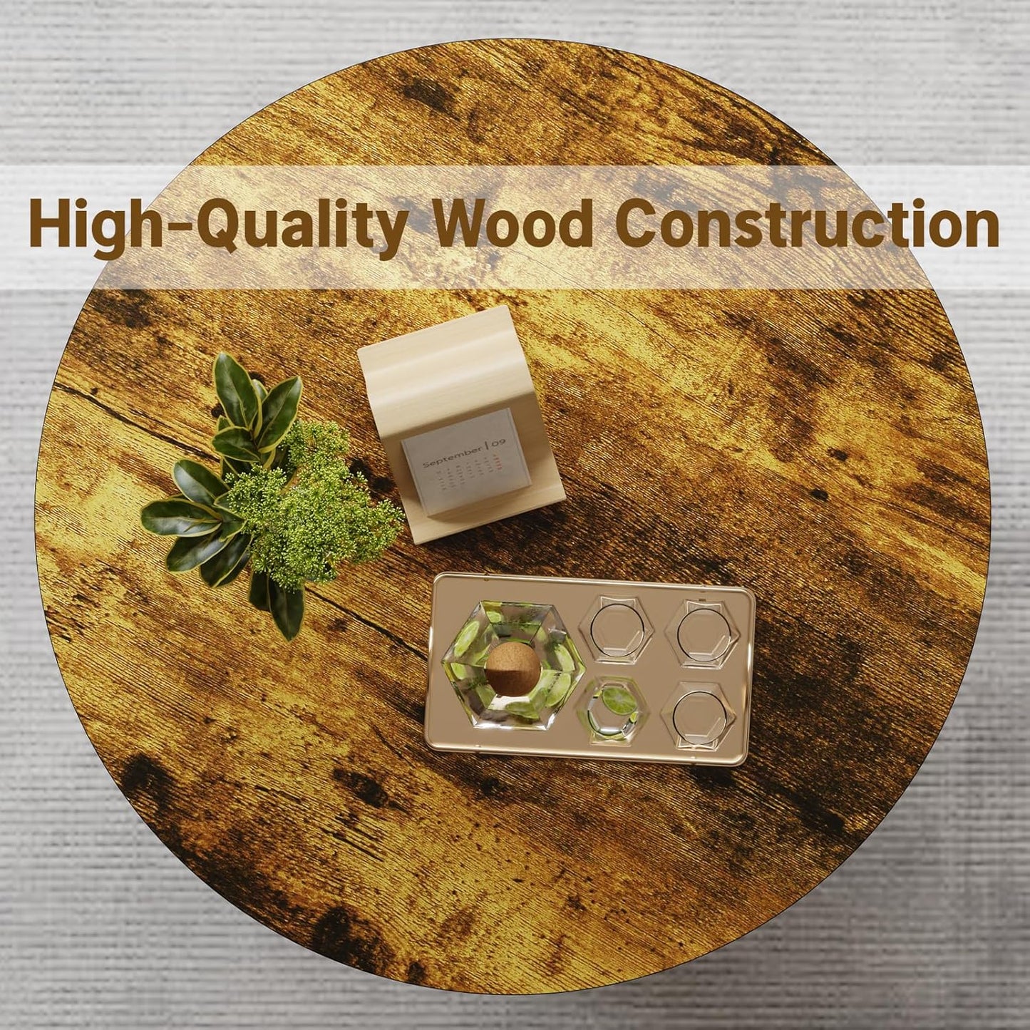 Elephance Round Coffee Table with Storage,3-Tier Coffee Table for Living Room,Wooden Tabletop-Caramel Brown with Black Frame