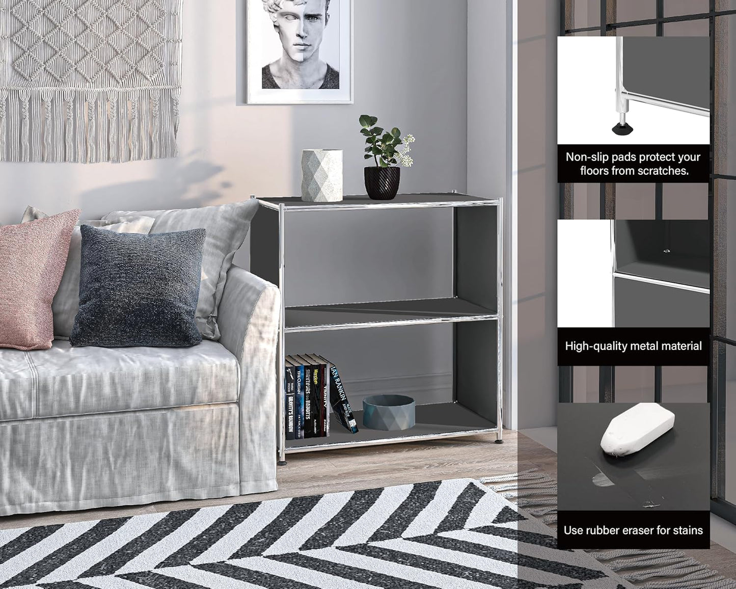 32-Inch 2-Tier Metal Bookcase, Open Shelf Storage Organizer for Living Room, Bedroom, Side Table or Nightstand Use, Modern DIY Assembly, Grey