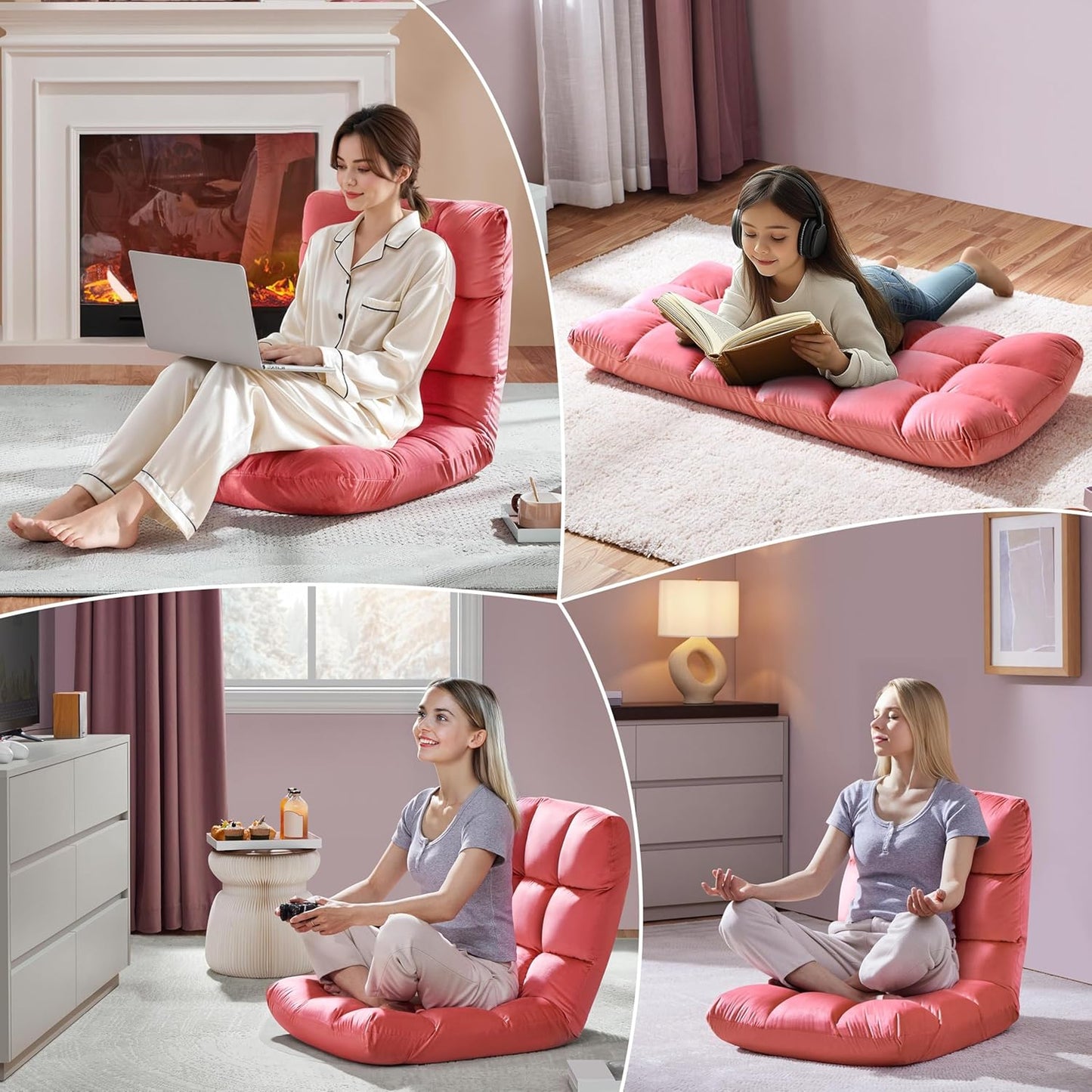 Yaheetech Floor Chair, Meditation Chair with Back Support Gaming Floor Lounger with 14 Adjustable Position for Adult, Pink