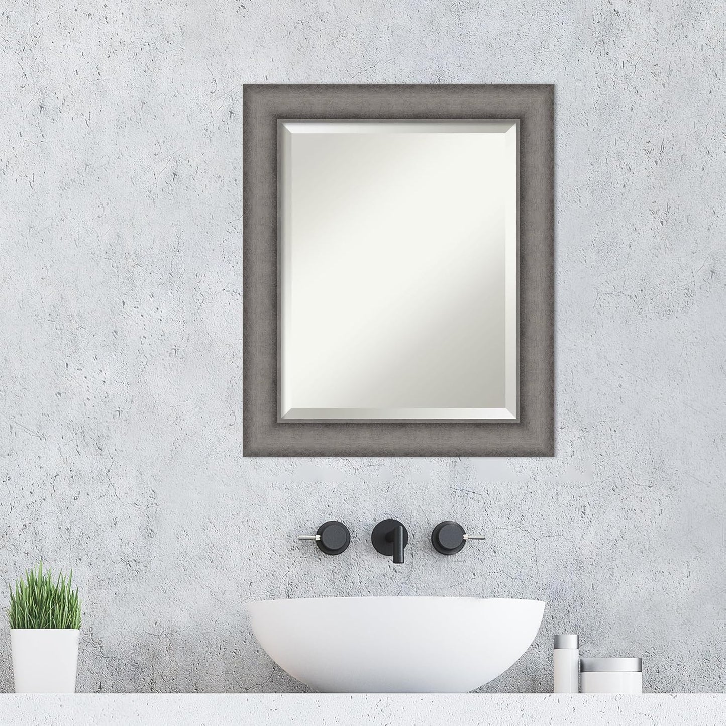 Amanti Art Grey Wall Mirror 25x21 Burnished Concrete Rectangle Bathroom Mirror for Wall Decor Living Room, Small Modern Contemporary Wood Frame, Hangs Horizonally and Vertically, Bathroom Decor