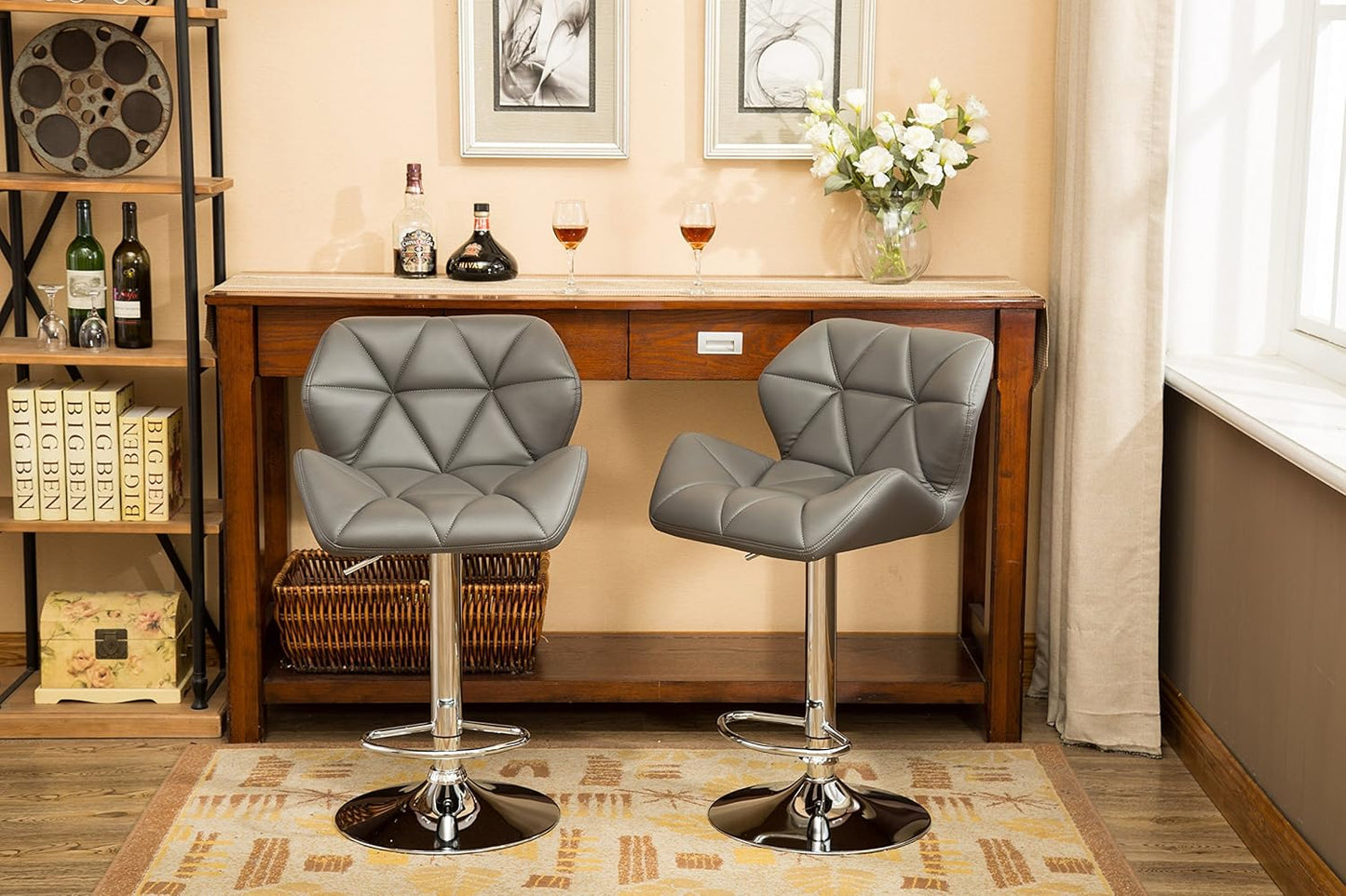 Roundhill Furniture Glasgow Contemporary Tufted Adjustable Height Hydraulic Grey Bar Stools, Set of 2,