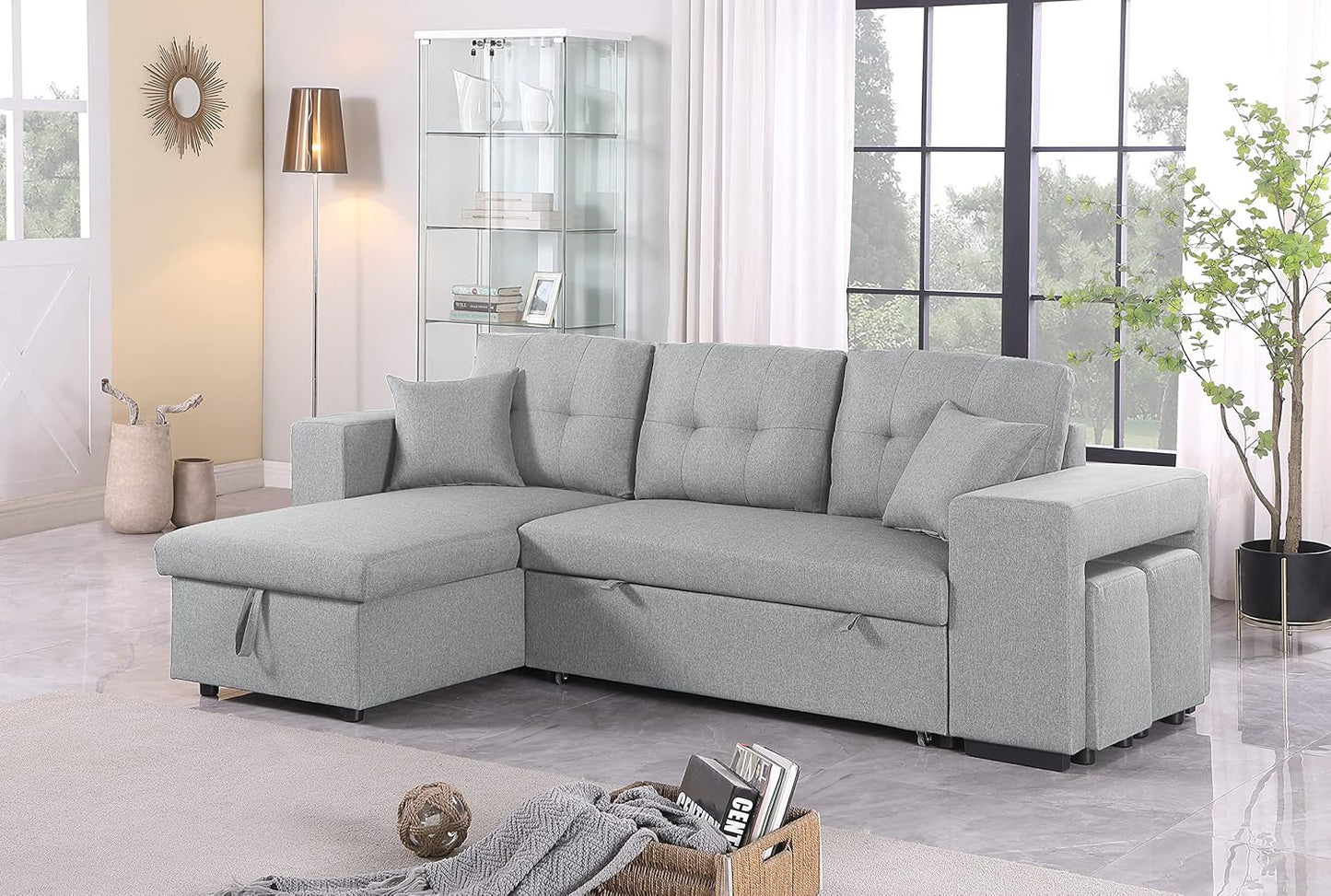 Devion Furniture Garisa 4-in-1 Convertible L Shaped Couch with Pull Out Bed and Storage, Sectional Sleeper Sofa with Reversible Chaise for Living Room, Apartment, Bedroom, Office