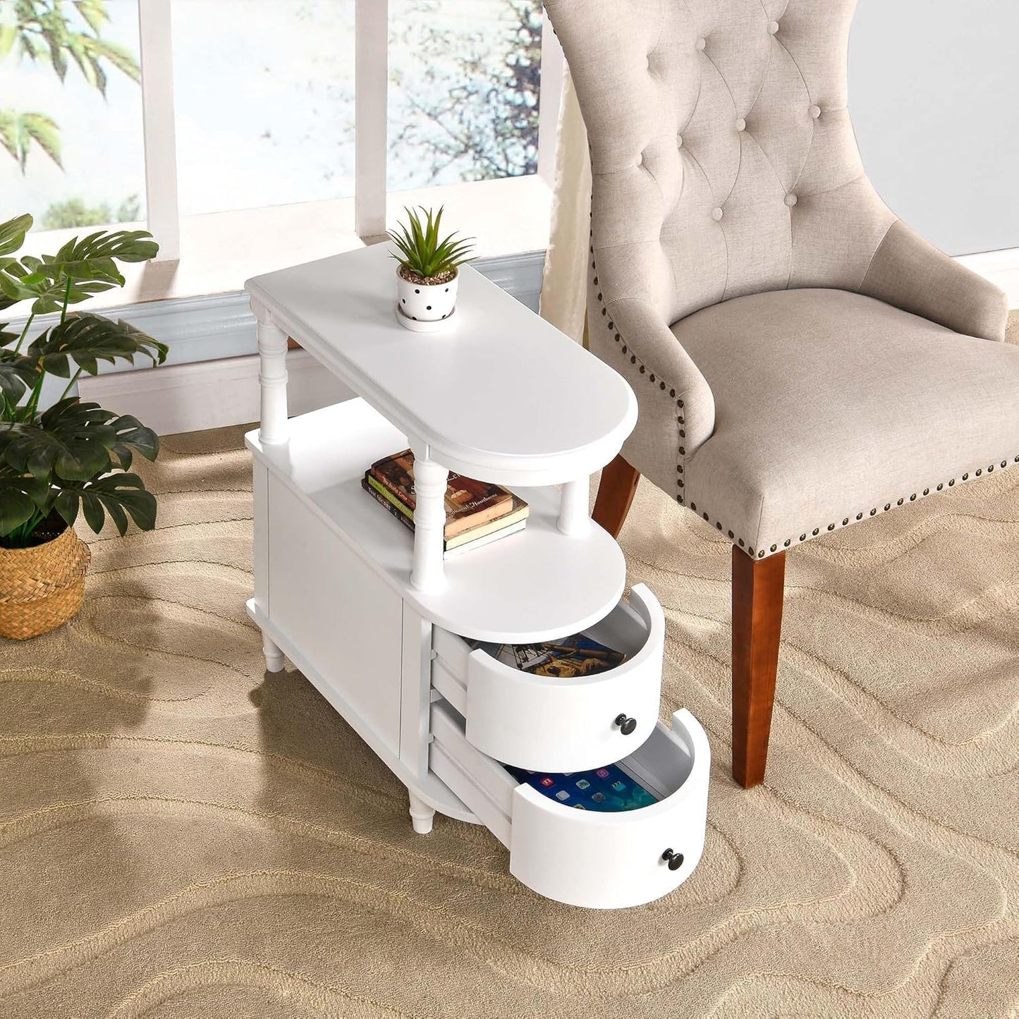 Wood End Table with 2 Drawers and Storage Shelf, Narrow Sofa Side Table for Living Room, Vintage Slim Nightstand Bedside Table for Bedroom, Slim Chair Side Table White BGA508WT