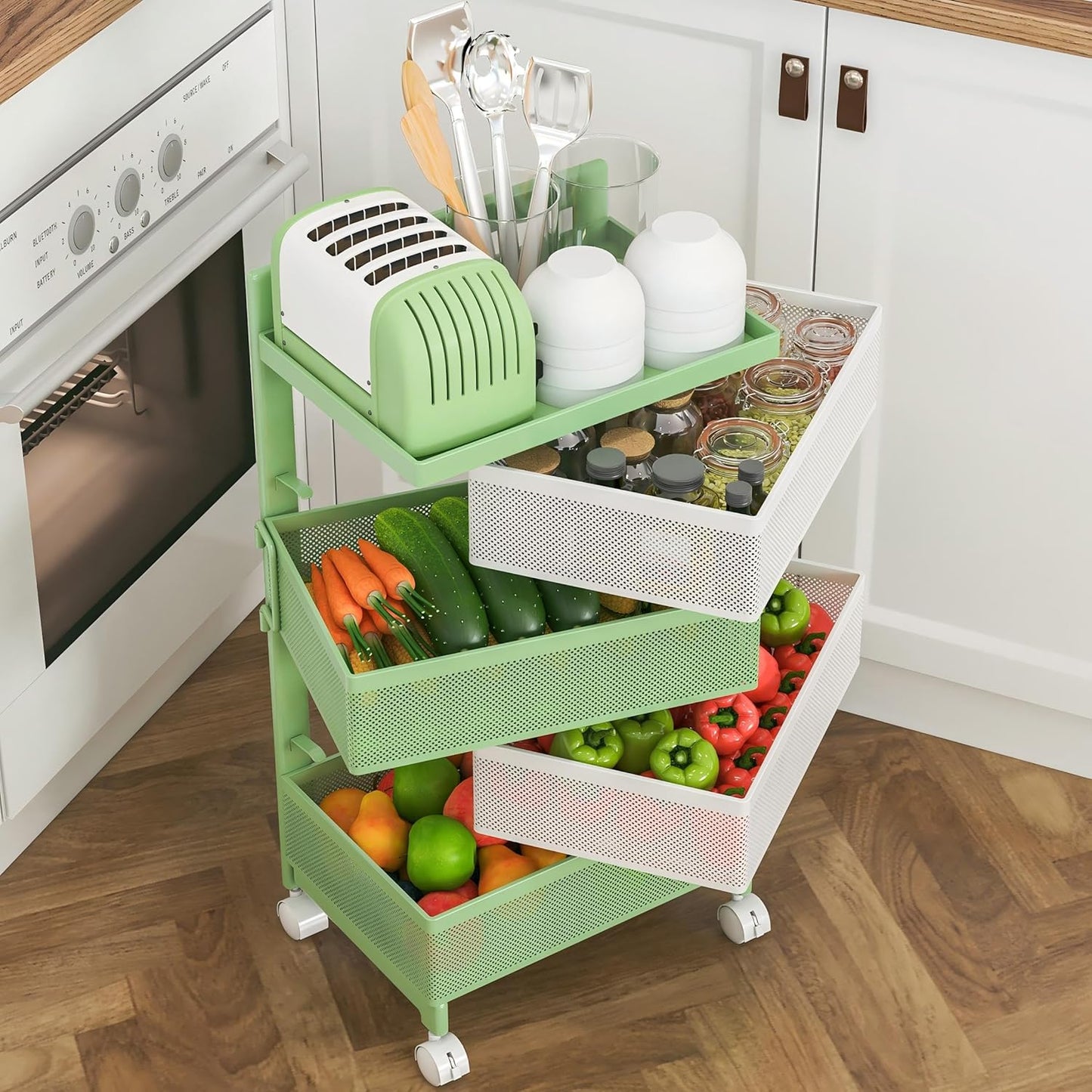 Fruit Basket for Kitchen No Assembly 4-Tier Rotating Storage Rack, Vegetable Storage Cart，Bathroom Shelf,Storage Drawer Cart,Kitchen Organizers and Storage Cart(Green White, 4 Tier-Square)