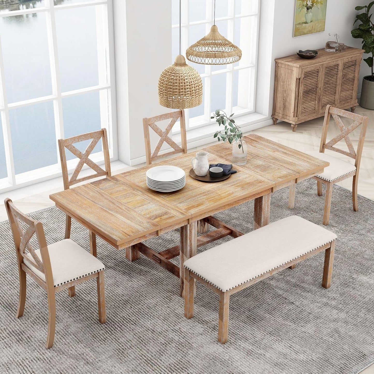 Ball & Cast Farmhouse 6 Piece Extendable Dining Table with Footrest,Living Room Furniture w/ 4 Upholstered Dining Chairs & Dining Bench,2 11" Removable Leaf,for Dining Room & Kitchen,Natural+Beige