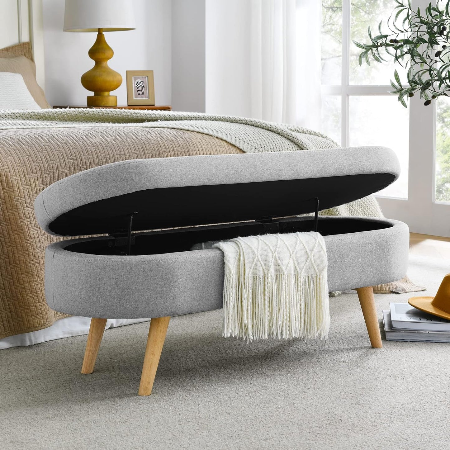 Ottoman Oval Storage Bench with Rubber Wood Legs,Linen Fabric Storage Footstool,for Bedroom, Entryway, Living Room, Grey(43.5"x16"x16")
