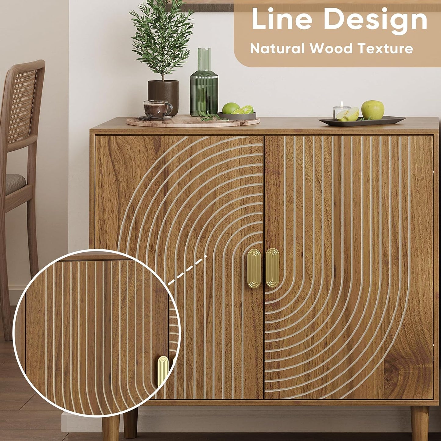 Smuxee Walnut Sideboard Cabinet, Freestanding Buffet Cabinet with Line Groove Design, Wood Storage Cabinet with Adjustable Shelf for Living Room, Entryway, Hallway