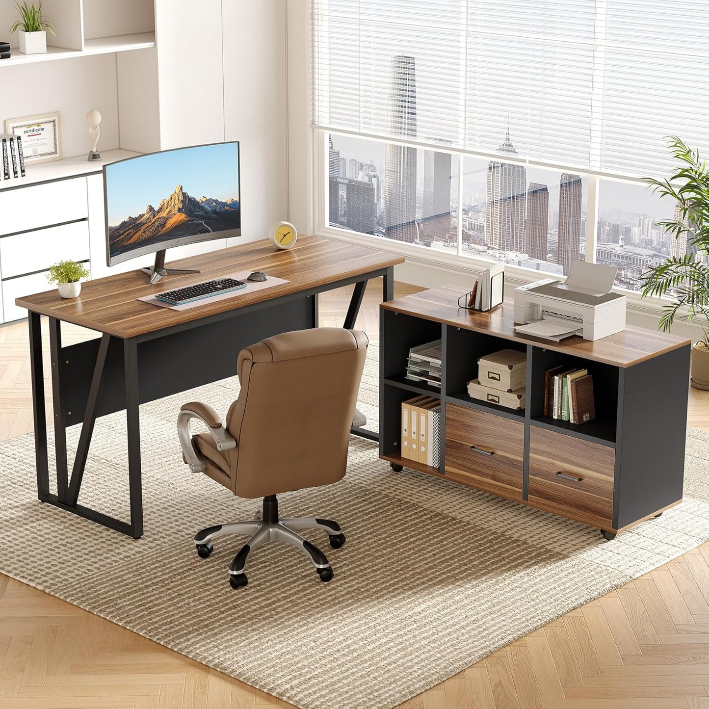LITTLE TREE 55-Inch L-Shaped Computer Desk, Large Corner Desk with Drawers, Modern Office Workstation Study Desk, Corner Computer Desk for Home Office, Bedroom, Brown