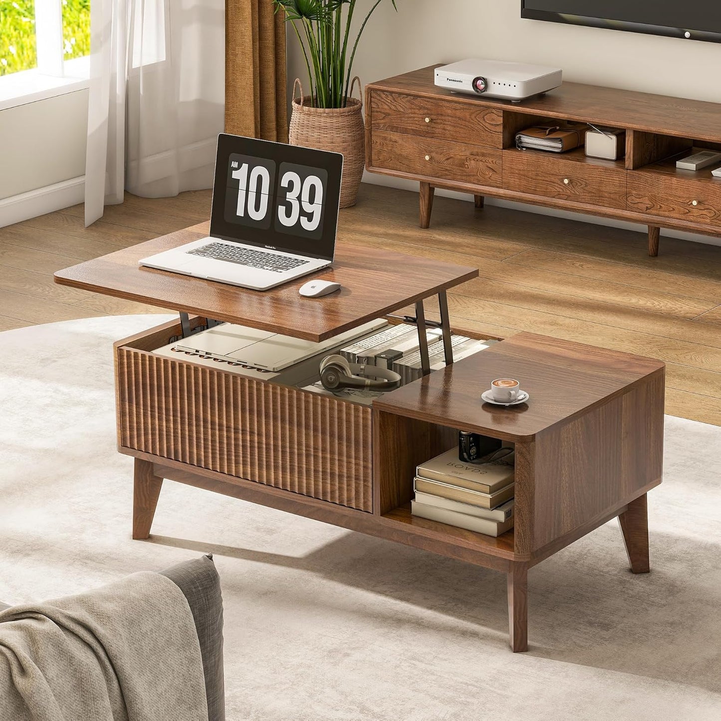 LYNCOHOME Fluted Lift Top Coffee Table with Hidden Compartment, Modern Center Table for Living Room, Home Office（Walnut）