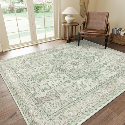 GENIMO 10x14 Area Rugs for Living Room, Machine Washable Non Slip Vintage Rugs, Low Pile Lightweight Chenille Print Rug for Bedroom, Dining Room, Home Office, Oat Light