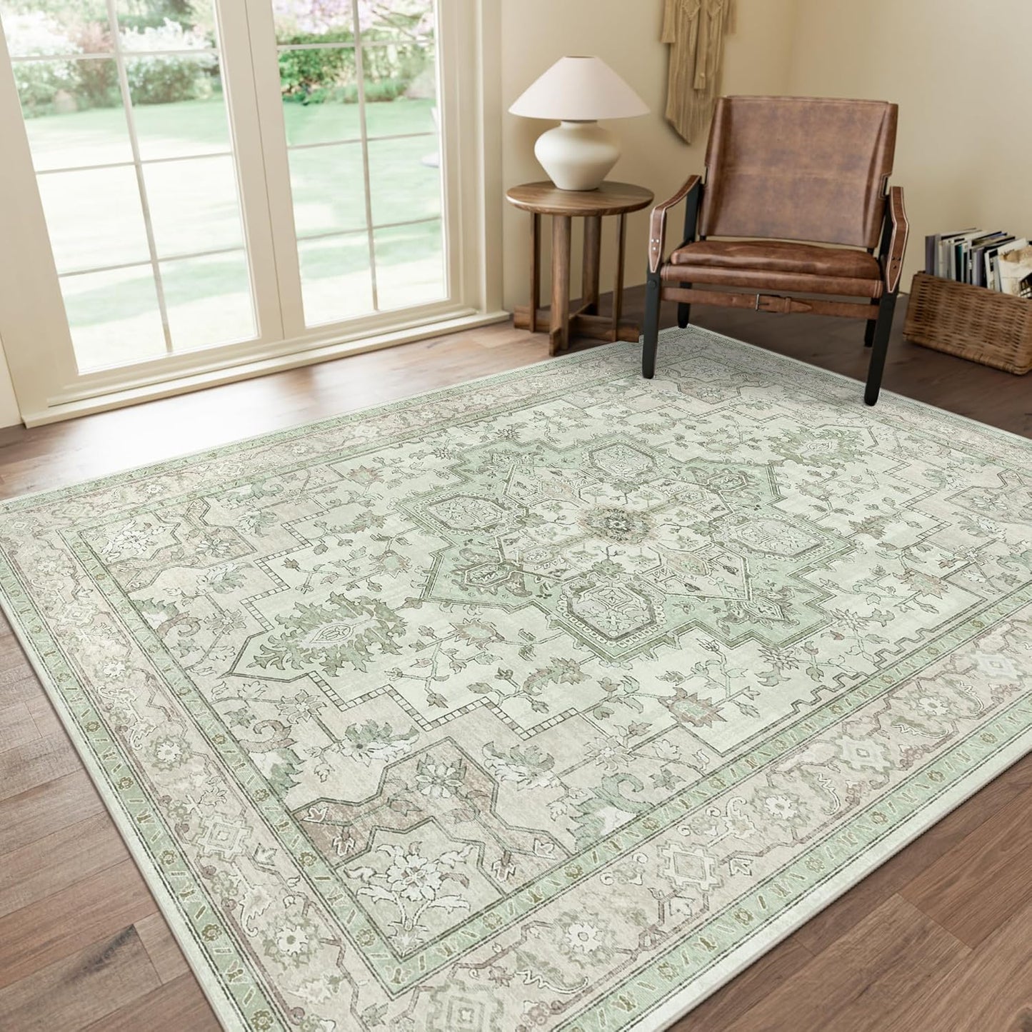 GENIMO 6x9 Area Rugs for Living Room, Machine Washable Non Slip Vintage Rugs, Low Pile Lightweight Chenille Print Rug for Bedroom, Dining Room, Home Office, Oat Light