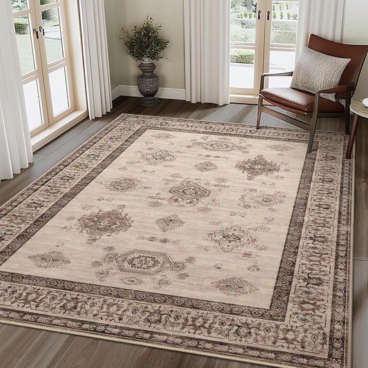 8X10 Area Rugs Machine Washable Rugs for Living Room, Vintage Boho Large Rugs for Bedroom Dining Room, Non Slip Indoor Soft Distressed Lightweight Thin Low Pile Carpet, Beige