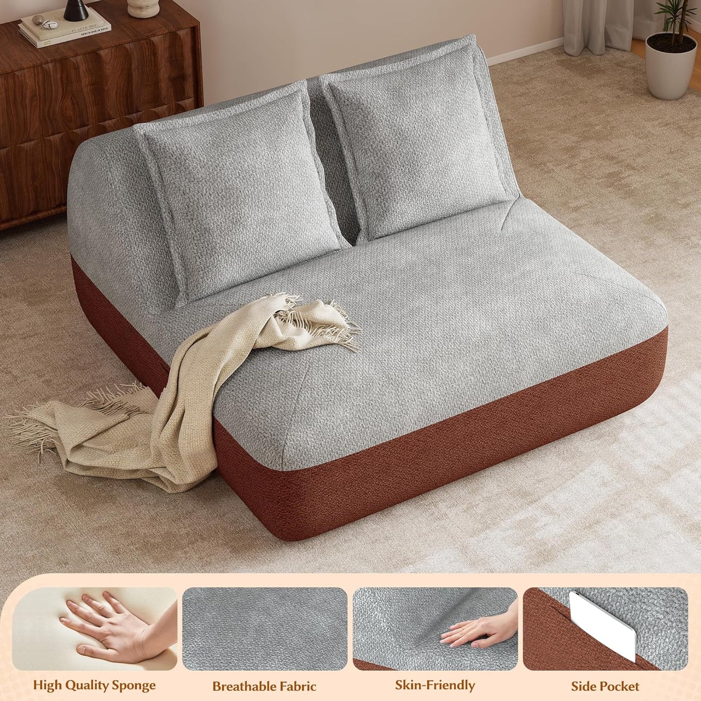 Hobestluk Small Sofa Couch Lounge Sofa Chair for Living Room, Comfy Memory Foam Couch, Mini Sofa with Side Pocket for Living Room, Bedroom (Terracotta+Light Grey)