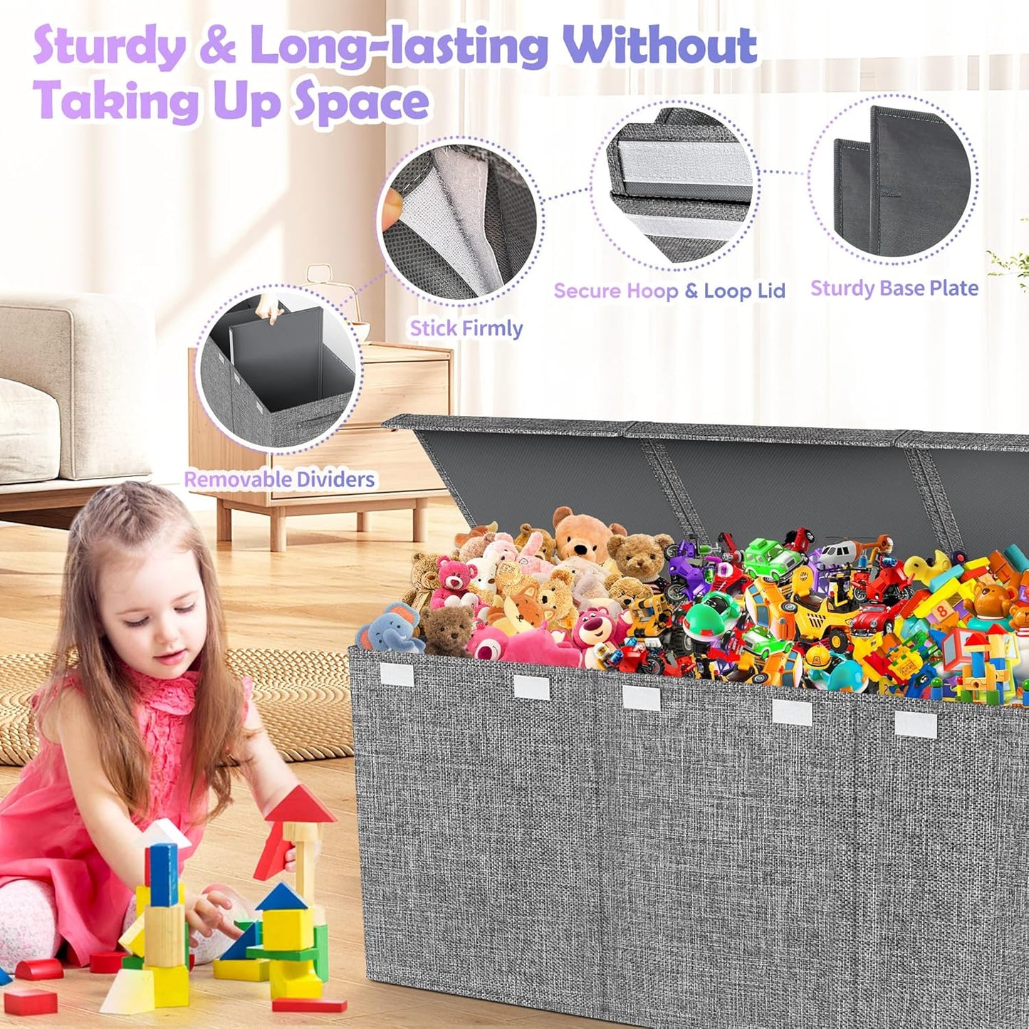 Extra Large Toy Box Chest with Lids, Collapsible Sturdy Kids Toy Storage Organizer Boxes for Boys Girls, 40"x14"x16", Toybox Storage Bins Basket for Living Room, Bedroom, Nursery, Gray