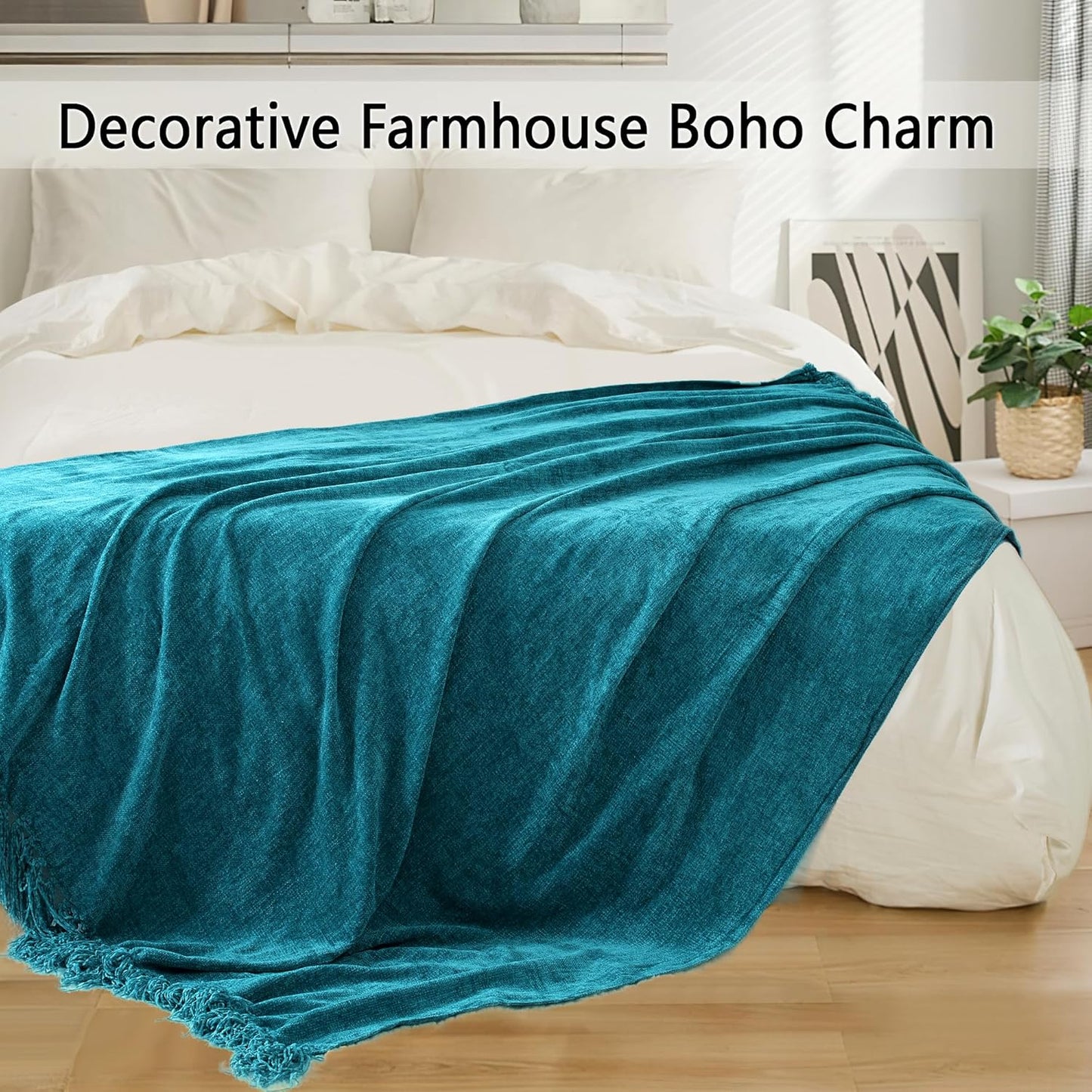 Chenille Throw Blanket for Couch 50"X 60", Soft Cozy Throws with Fringe Tassel for Bed Sofa Chair Cover, Lightweight Knitted Decorative Boho Blankets for Living Room, Teal