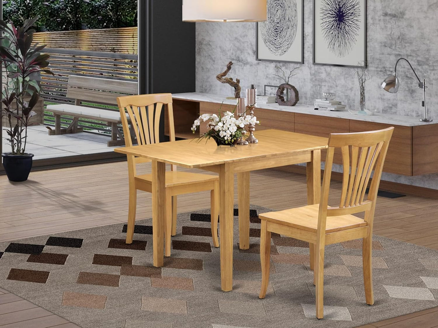 East West Furniture NDAV3-OAK-W 3 Piece Kitchen Table & Chairs Set Contains a Rectangle Dining Table with Dropleaf and 2 Dining Room Chairs, 30x48 Inch, Oak