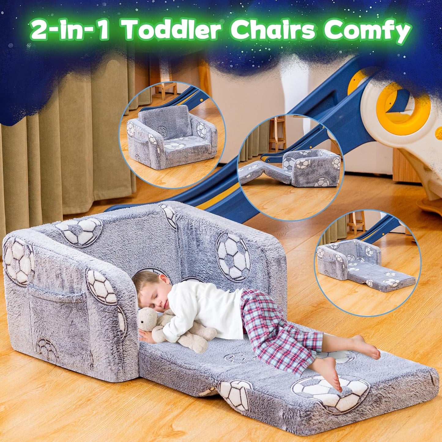 Lamerge 2-in-1 Soft Toddler Couch Fold Out,Foldable Toddler Chair, Glow in The Dark Kids Sofa for playroom,Convertible Foam and Floor Cushion for Boys and Girls (Grey and Football)