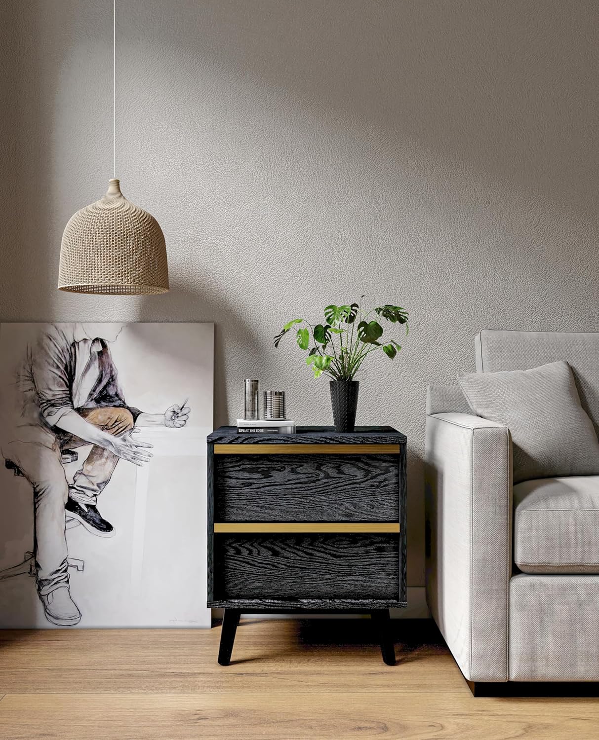 Sango Cortland 2-Drawer Nightstand, Modern Black Wood Bedside Table with Brass Handle, Wooden Legs, Sleek Mid-Century Design, Elegant Storage for Contemporary Homes