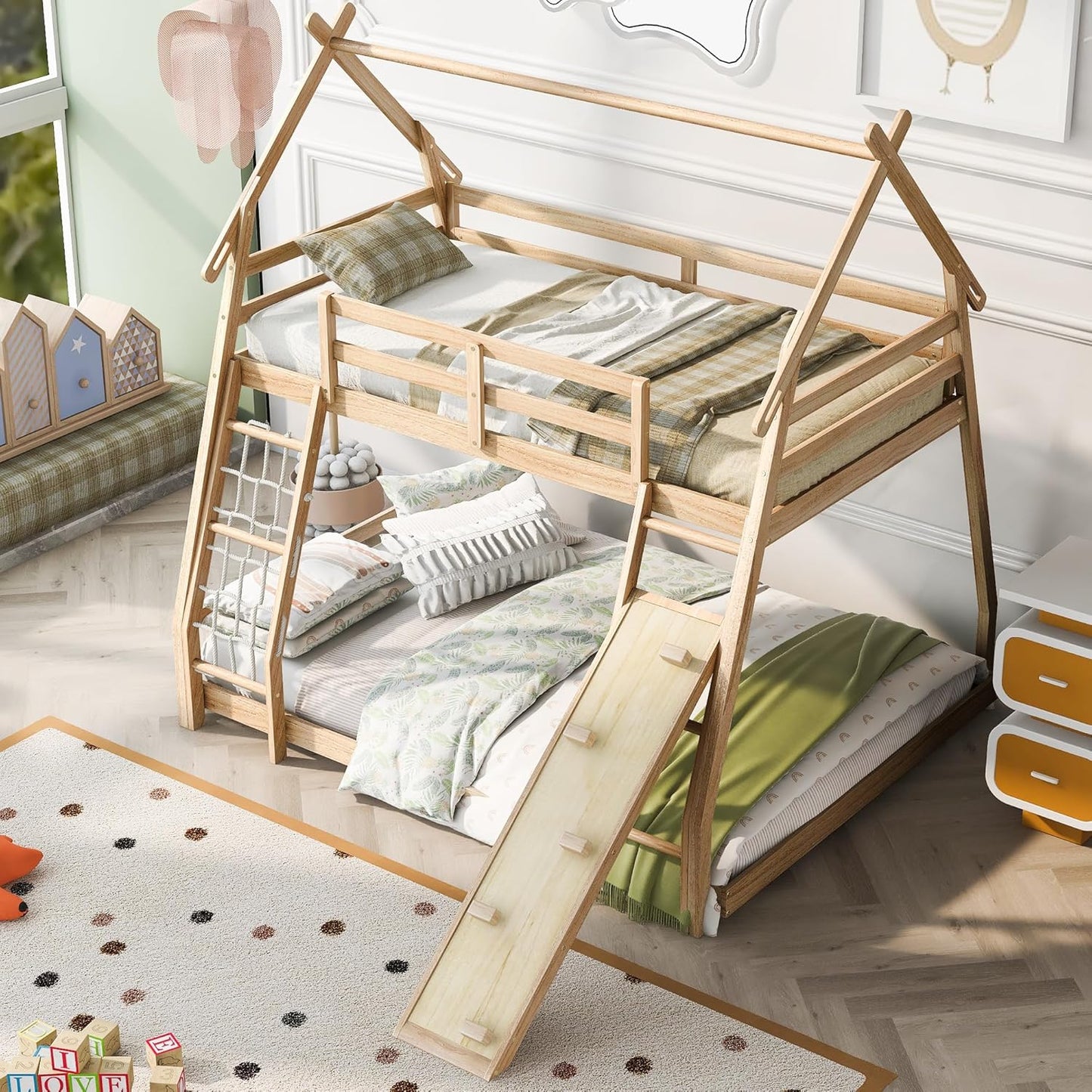 Twin Over Queen House Bunk Bed with Climbing Nets and Climbing Ramp for Kids Teens Boys Girls,Solid Wood Bunk Bed Frame with Safety Guardrails,Playful Design,Natural