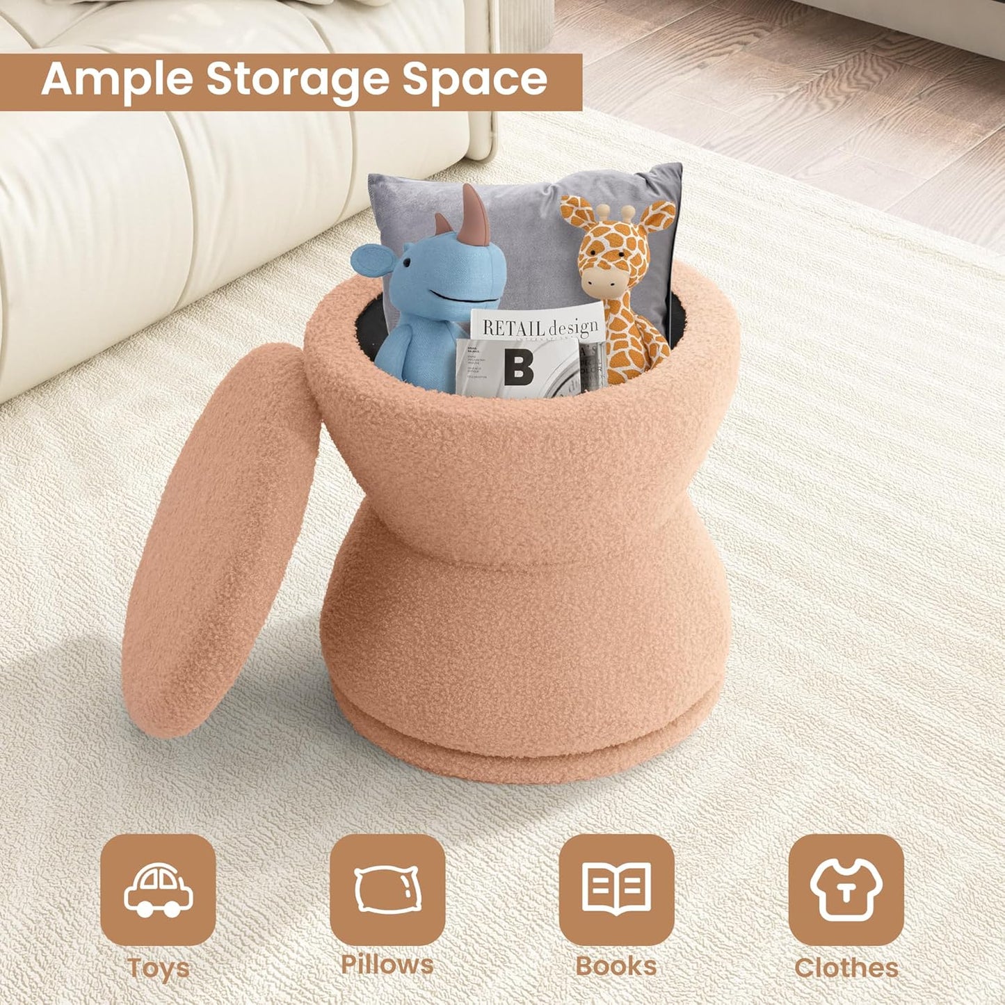 360 ° Swivel Storage Ottoman, Boucle Ottoman Vanity Stool, Upholstered Footstool with Storage Removable Lid, Modern Round Boucle Footrest Coffee Table for Living Room, Dorm, Makeup Room, Coral