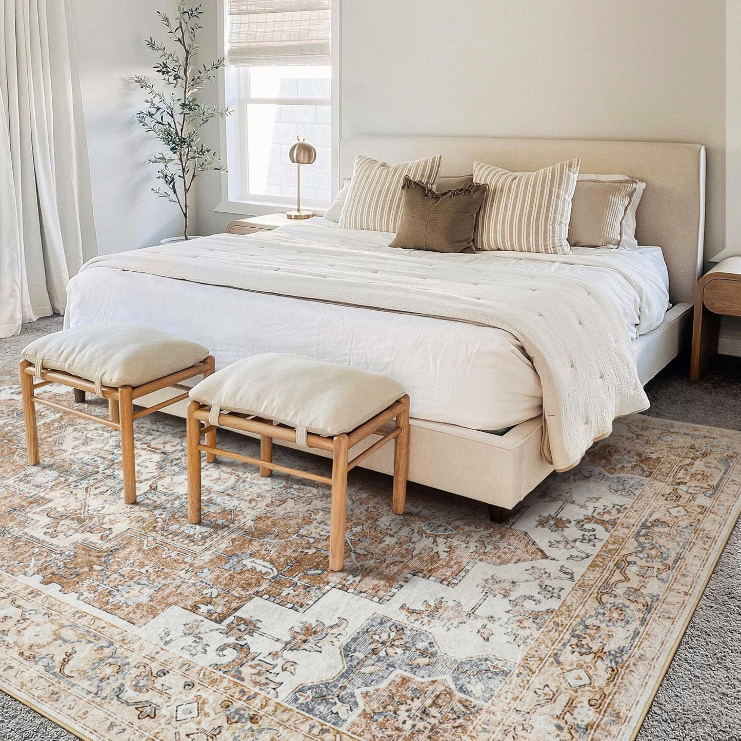 GENIMO 6x9 Area Rugs for Living Room, Non Slip Machine Washable Retro Rugs, Low Pile Chenille Print Rug for Bedroom, Dining Room, Home Office, Orange