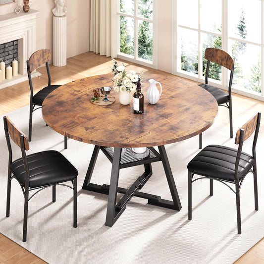Round Dining Table Set for 6, Kitchen Table and Chairs for 4, Circle Table Round Pedestal Dining Room Dinner Dinette Table Set,5 Piece Space Saving Wood Kitchen & Dining Room Tables (Vintage, 51In)
