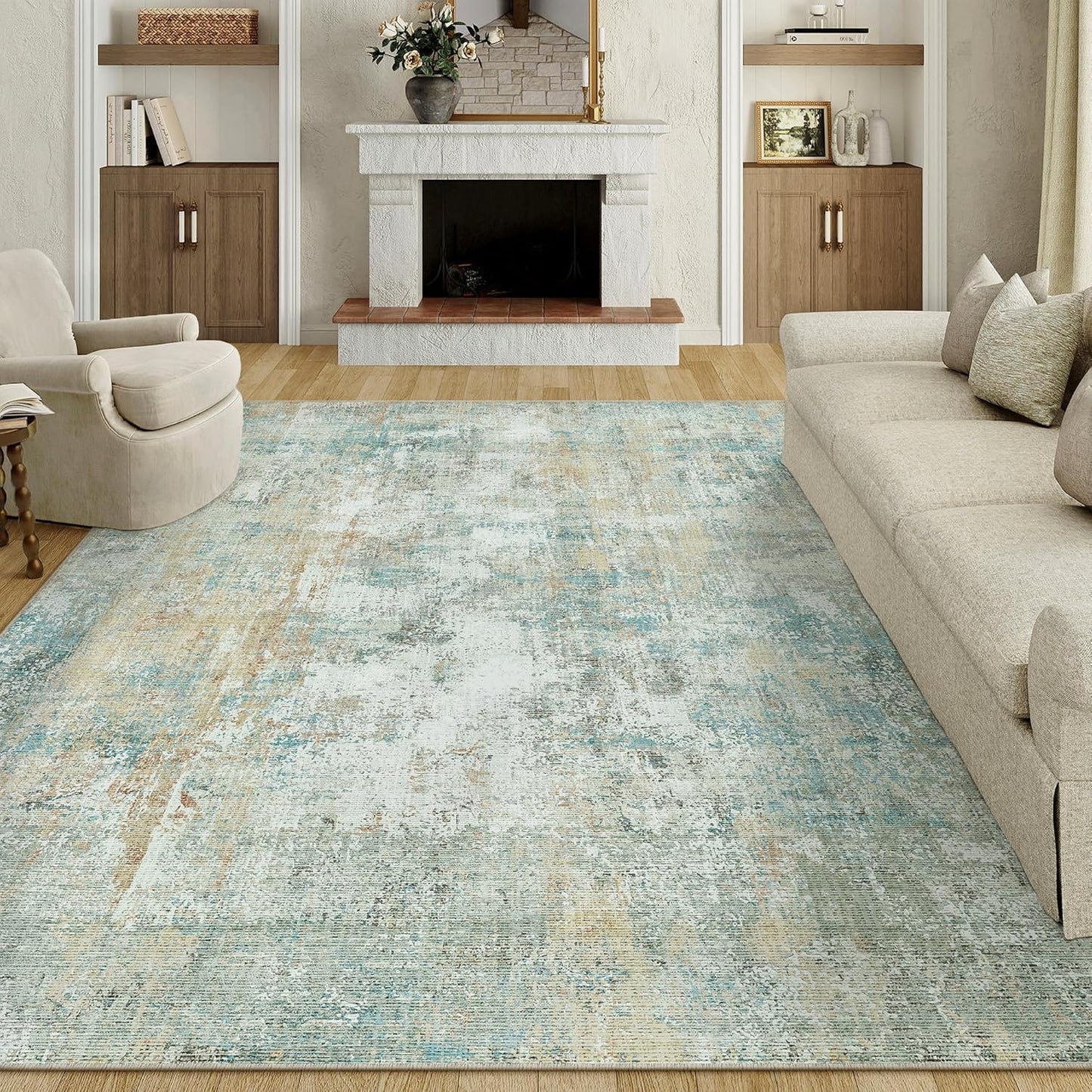 9x12 Area Rug Teal Beige Modern Neutral Abstract Living Room Bedroom Indoor Floor Carpet Low Pile Soft Non-Slip Lightweight Vacuumable Washable Large Throw Rug for Nursery Dining Room