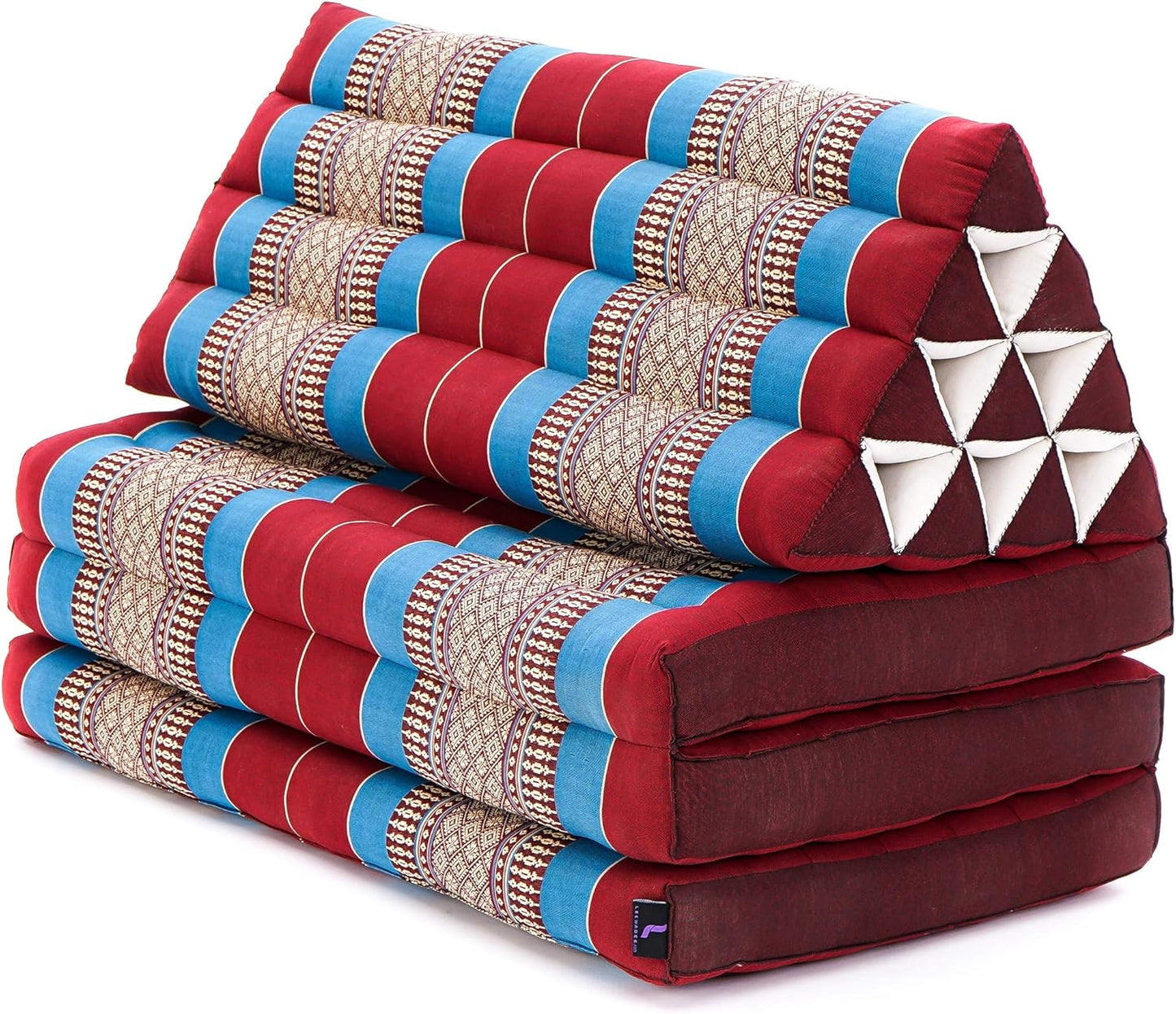Leewadee 3-Fold Mat XXL with Triangle Cushion – Firm TV Pillow, Foldable Mattress with Cushion Made of Kapok, 67 x 31 inches, Blue Red