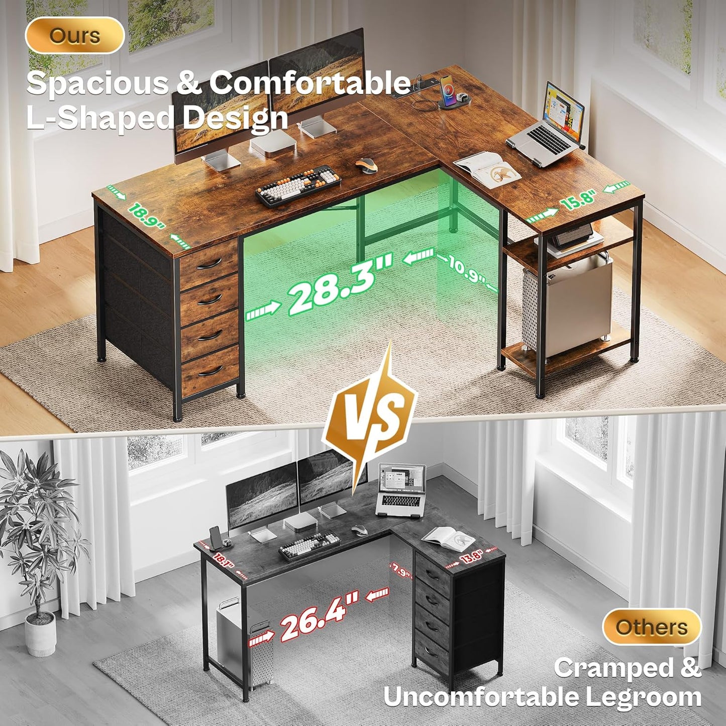 Huuger 55 Inch L Shaped Desk with Fabric Drawers, Reversible Computer Gaming Desk with Power Outlets and USB-C Port, Adjustable Side Storage Shelves, for Work Study Corner Home Office, Rustic Brown