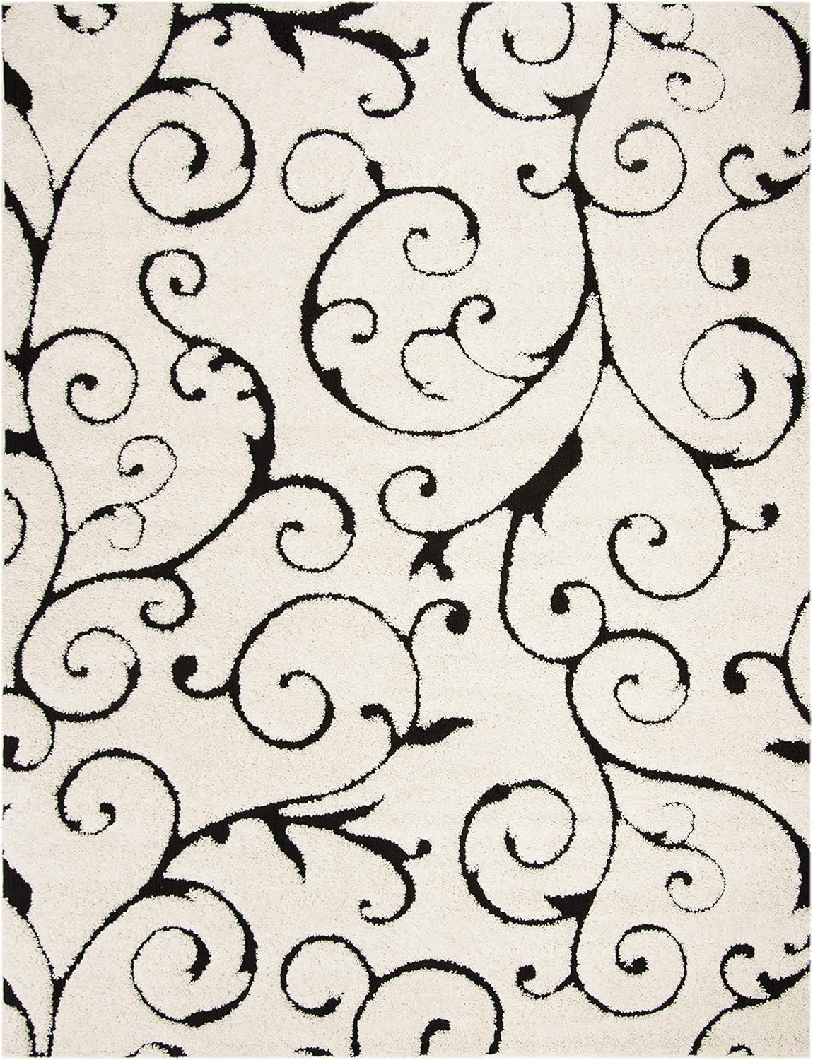 SAFAVIEH Florida Shag Collection Area Rug - 8' x 10', Ivory & Black, Scroll Design, Non-Shedding & Easy Care, 1.2-inch Thick Ideal for High Traffic Areas in Living Room, Bedroom (SG455-1290)