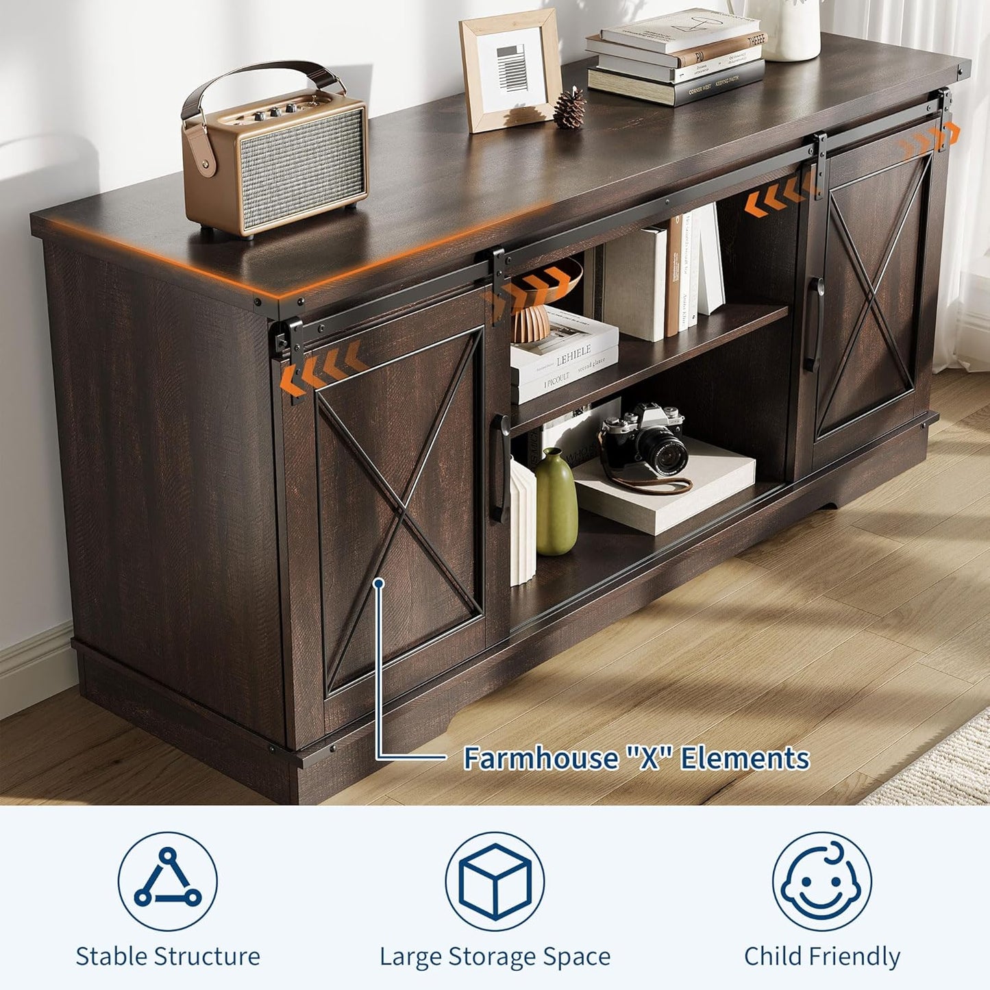 CABIHOME Farmhouse TV Stand and Entertainment Center for Tv up to 65 inches with Sliding Barn Doors and Adjustable Shelf, TV Media Storage Console Table for Living Room, Brown