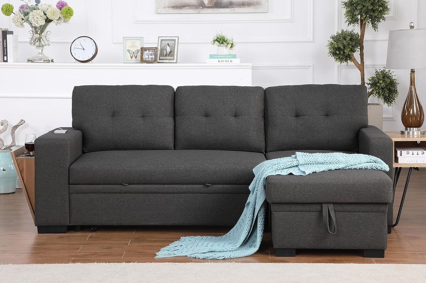 Ball & Cast L-Shape Reversible Sectional Sleeper Sofa Bed 4 in 1 Pull Out Couch with Storage Chaise USB Ports & Cup Holder Convertible Sleeper Corner Couch Pull-Out Sofa Bed for Living Room Office