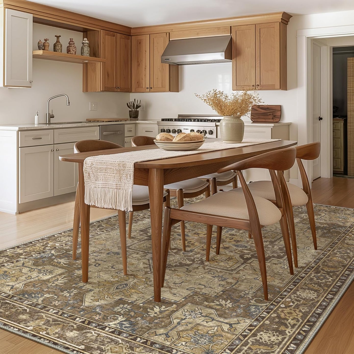 GENIMO 10x14 Area Rugs for Living Room, Machine Washable Non Slip Vintage Rugs, Low Pile Lightweight Chenille Print Rug for Bedroom, Dining Room, Home Office, Rustic Brown