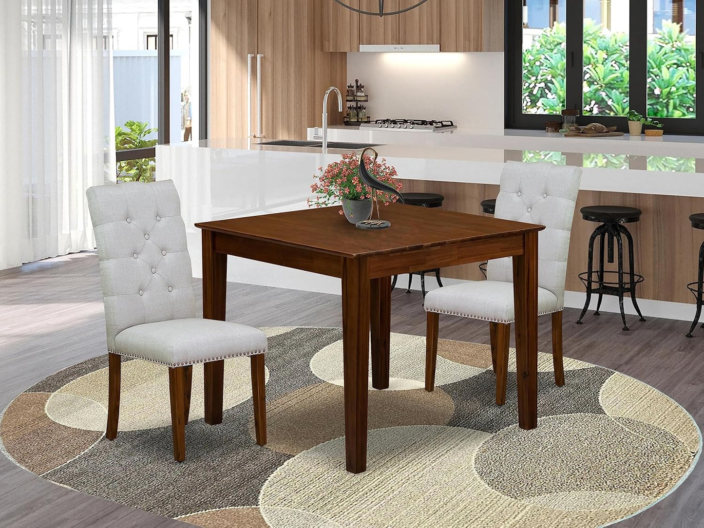 East West Furniture OXEL3-AWA-05 3 Piece Dining Room Table Set Contains a Square Dinette Table and 2 Upholstered Chairs, 36x36 Inch, Antique Walnut