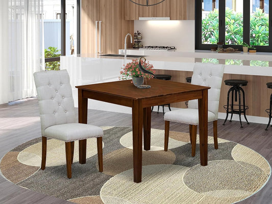East West Furniture OXEL3-AWA-05 3 Piece Dining Room Table Set Contains a Square Dinette Table and 2 Upholstered Chairs, 36x36 Inch, Antique Walnut
