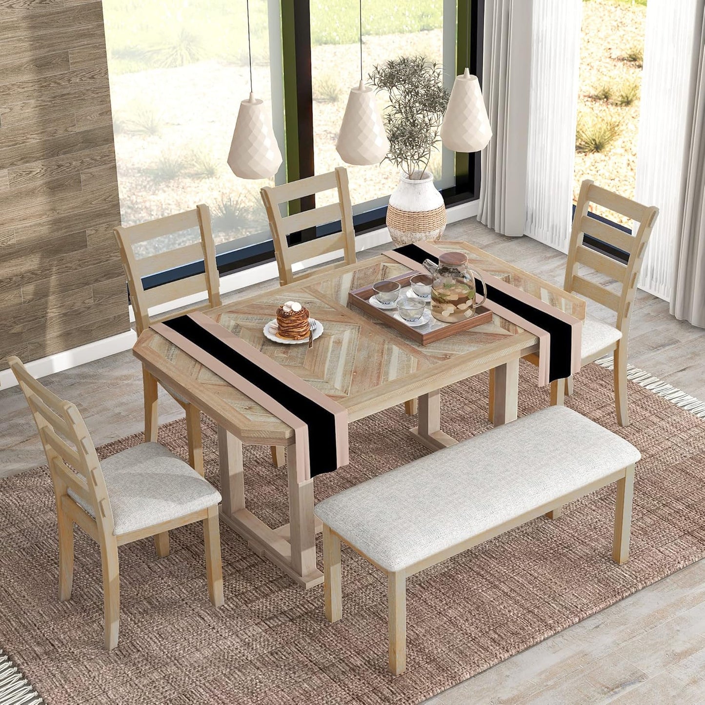 Ball & Cast 6 Piece Wood Dining Table Set with 4 Upholstered Chairs & 1 Bench,Kitchen Table and Chairs for 6 W/ 51.8" Rectangle Desk,for Restaurant,Home Bistro,Natural Wood Wash