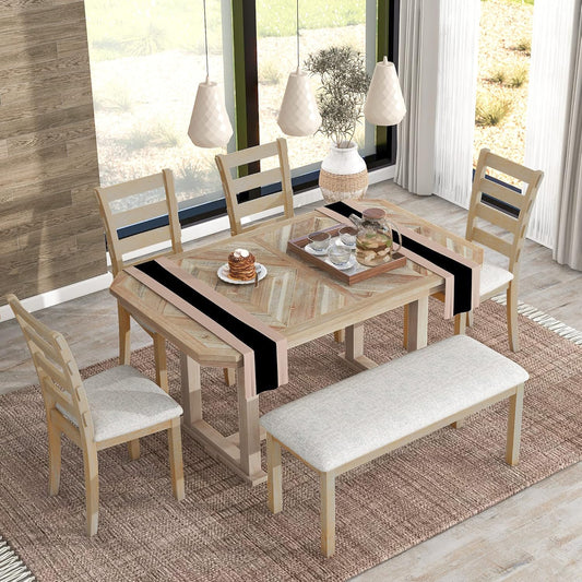 Ball & Cast 6 Piece Wood Dining Table Set with 4 Upholstered Chairs & 1 Bench,Kitchen Table and Chairs for 6 W/ 51.8" Rectangle Desk,for Restaurant,Home Bistro,Natural Wood Wash