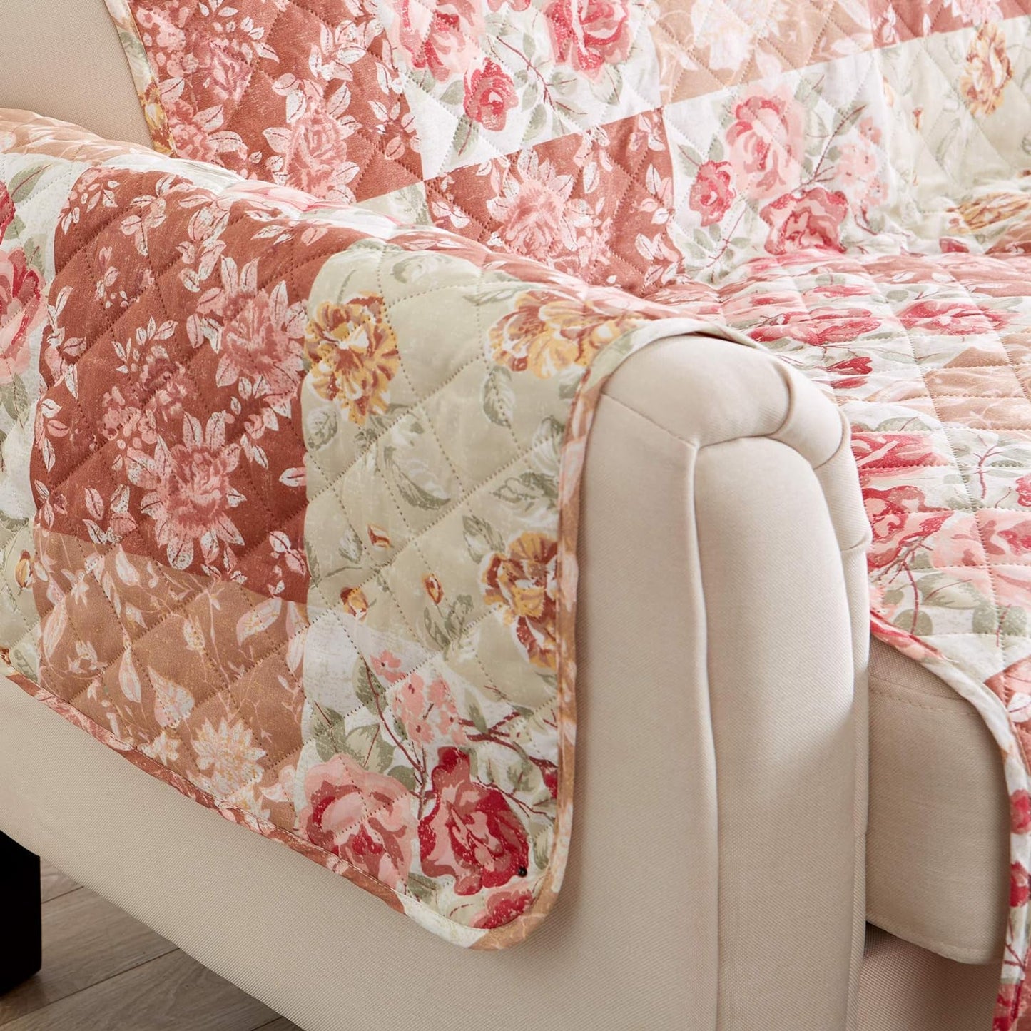 Great Bay Home Reversible Floral Patchwork Furniture Protector Scalloped Edge Stain Resistant Printed Furniture Protector Maribel Collection (Chair, Burgundy/Taupe)