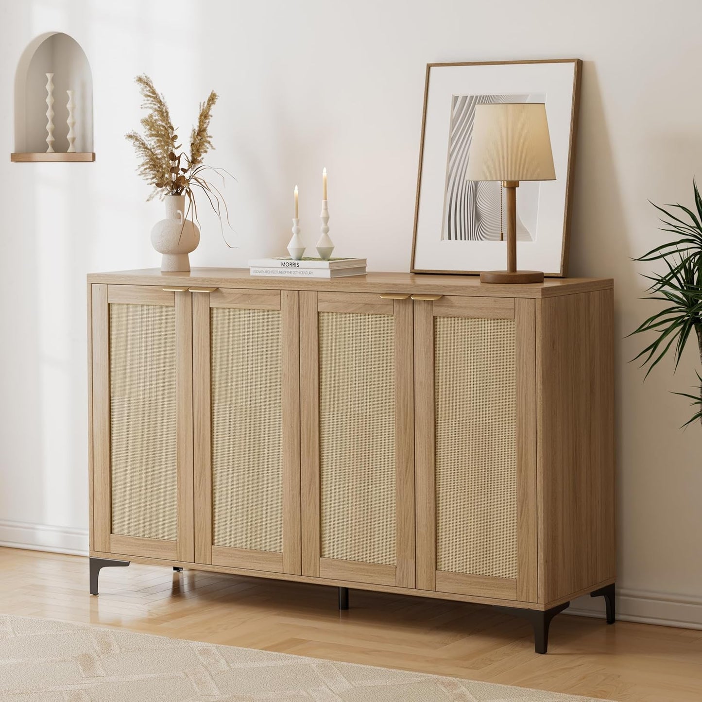 Sideboard Buffet Cabinet with Storage, 4 Doors Rattan Kitchen Cabinet with Adjustable Shelf, Accent Sideboard Entryway Console Table for Living Room, Natural