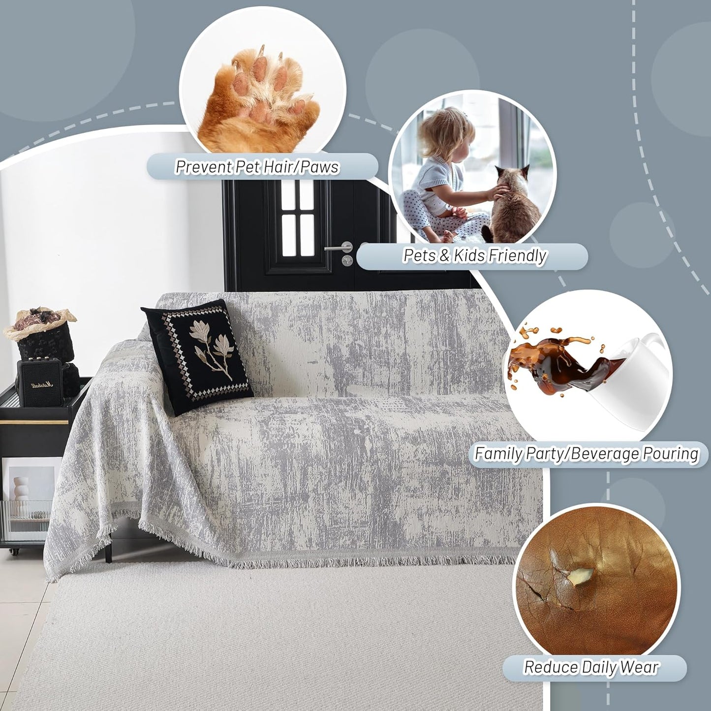 MYSKY HOME Sectional Couch Cover Sofa Covers for Sectional Sofa L Shape Chenille Couch Protector Grey Geometric for Dogs Pets Couch Throw Cover Washable Durable for Home Decor, 91" X134"