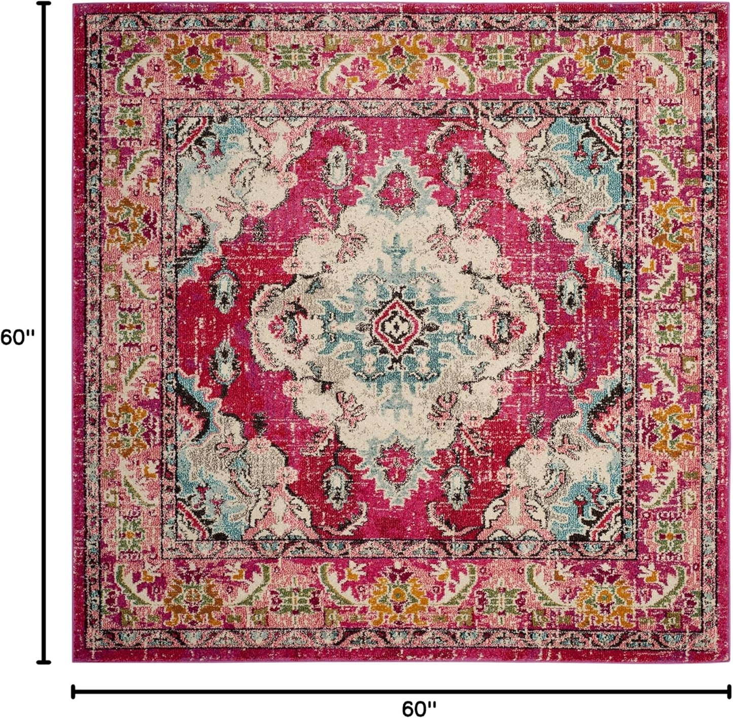 SAFAVIEH Monaco Collection Area Rug - 5' Square, Pink & Multi, Boho Chic Medallion Distressed Design, Non-Shedding & Easy Care, Ideal for High Traffic Areas in Living Room, Bedroom (MNC243D)